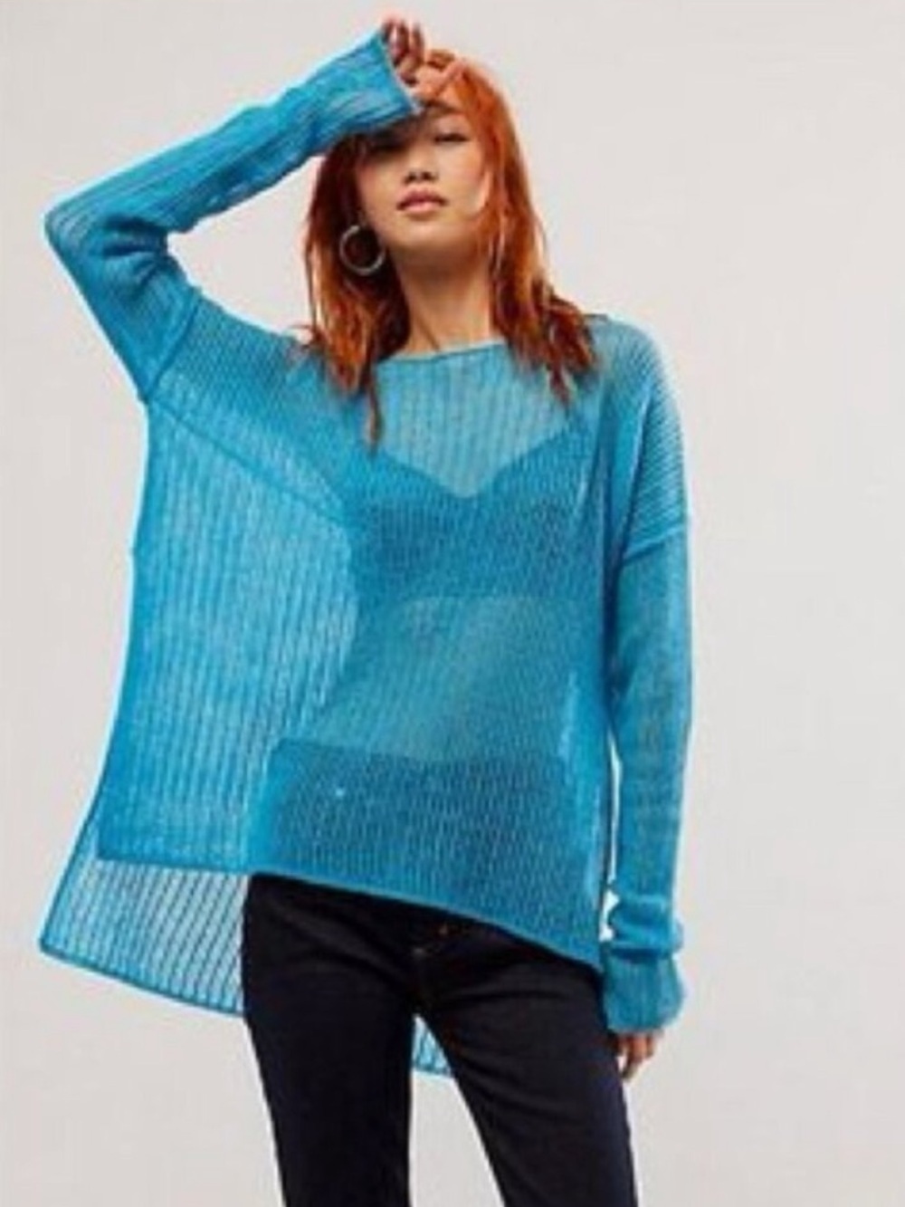 Free People Cashmere Loose Knit Pullover Blue Oversized Sheer, S